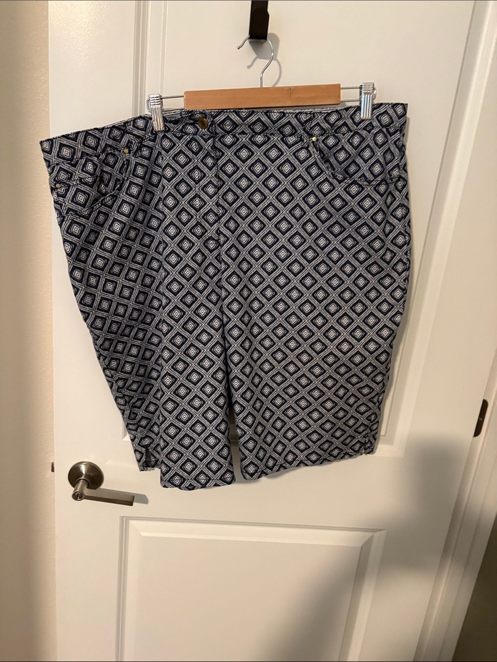 Ruby Rd. Navy and White Geometric Print Bermuda Shorts